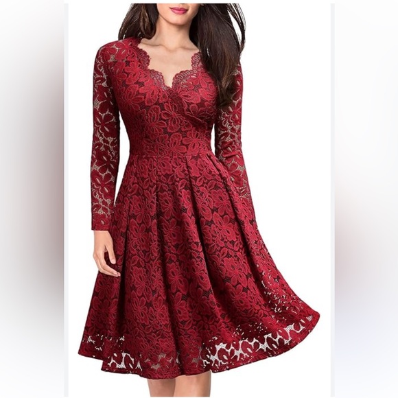 NWT MISSMAY Vintage Floral Lace Long Sleeve V Neck Cocktail Formal Swing Dress - Picture 1 of 10